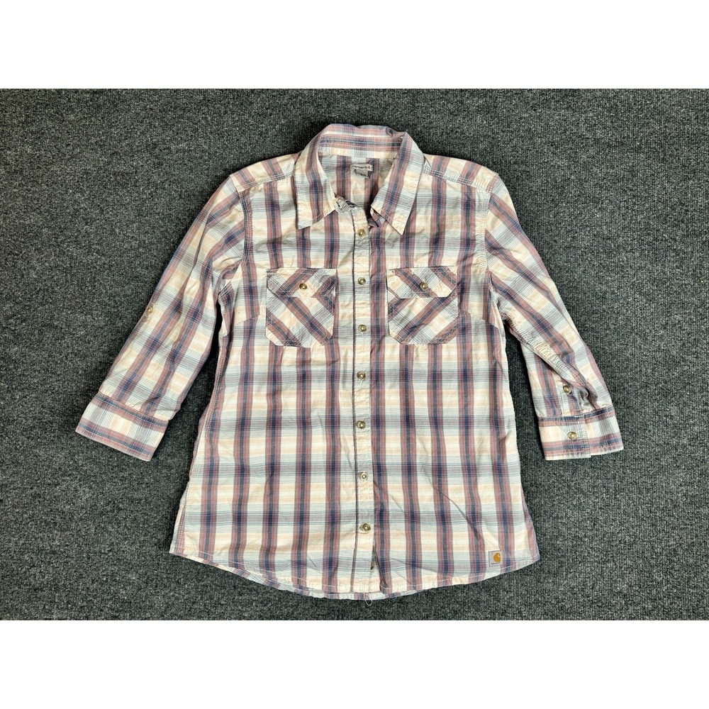 Carhartt Women's Pink Plaid Button Down Shirt Pockets Size Medium 8/10